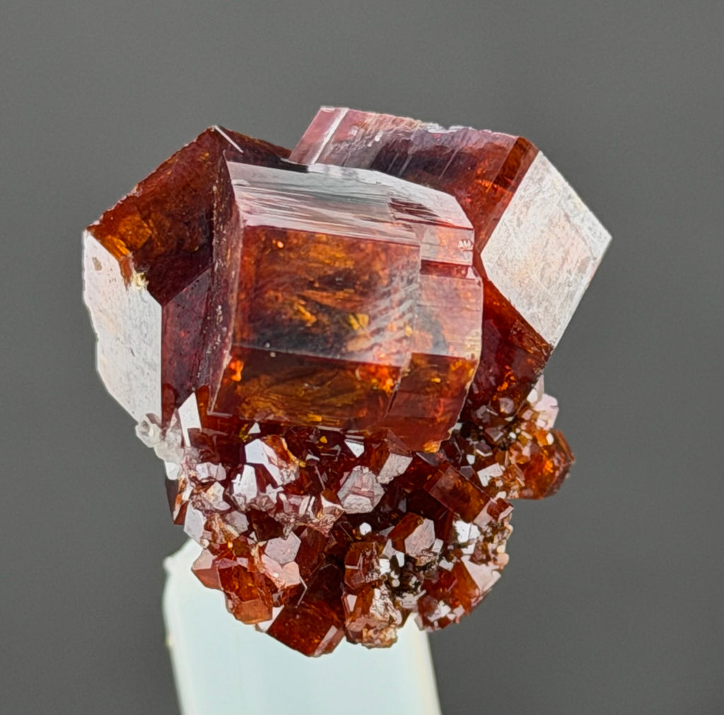 Spectacular Thumbnail Vanadinite – Three Intergrown Ruby-Red Crystals with Brilliant Luster & Fiery Orange Transparency