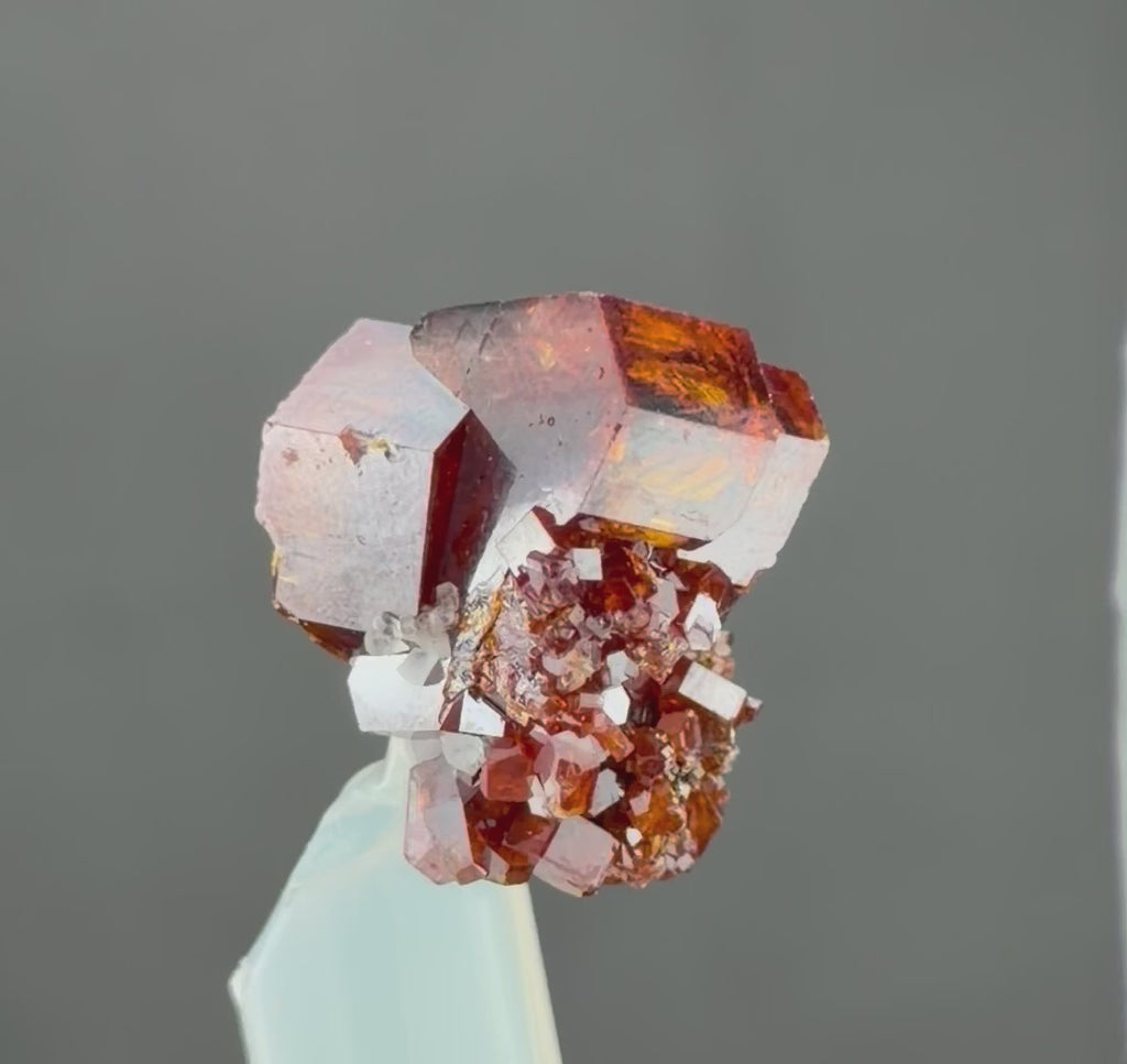 Spectacular Thumbnail Vanadinite – Three Intergrown Ruby-Red Crystals with Brilliant Luster & Fiery Orange Transparency